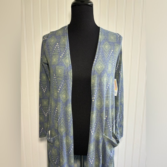 LuLaRoe Sarah Cardigan Duster Sweater Women’s Size XS Blue Green Cream - Picture 2 of 16